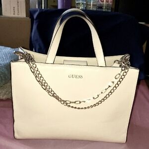 Guess Cream Structured Tote with Gold Chain And Snap Closure